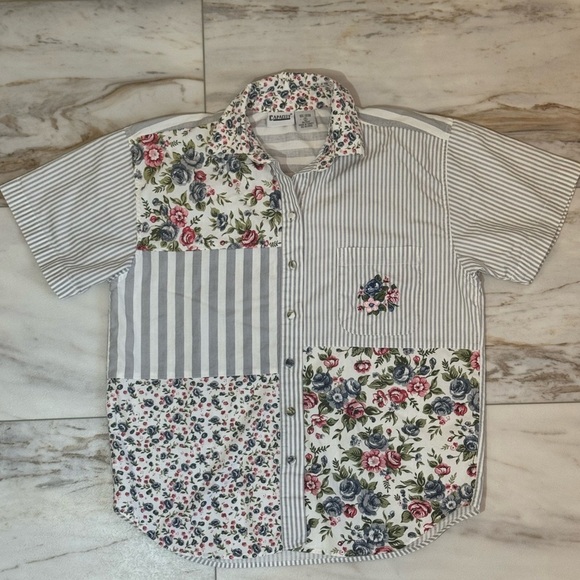 Capacity Patchwork Button-Down Shirt – Floral & Stripe – Size S - Picture 1 of 6